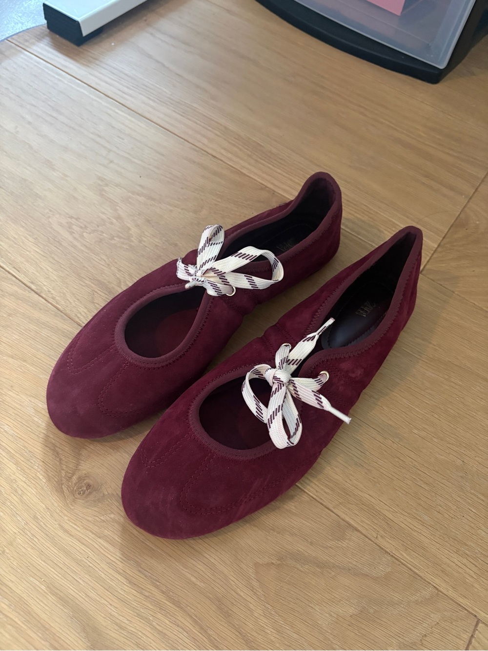 Zara Burgundy Suede Ballet Flats with Cream Ribbon Laces